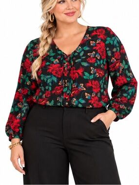 TORRID VIBRANT FLORAL LONG SLEEVE BLOUSE SZ 5X/28 EUC